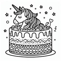 Zeichnungen zum Ausmalen: Einhorn-Kuchen - Kostenlose Malvorlagen zum Ausdrucken